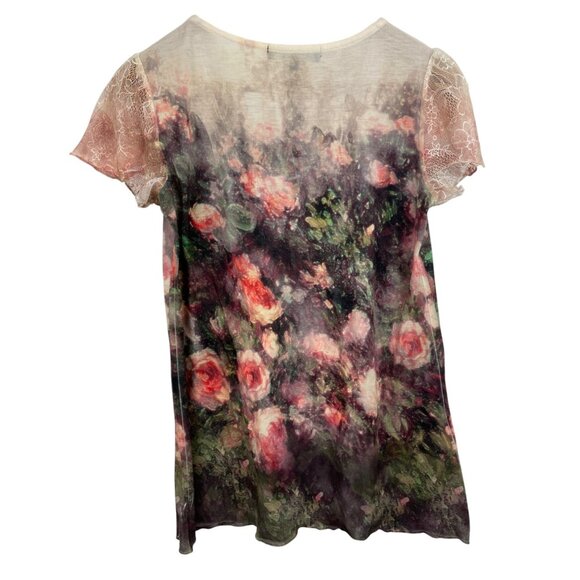 B.L.E.U. Womens Size Medium Floral Embellished Short Sleeve T-shirt Lace Sleeve - Picture 5 of 8
